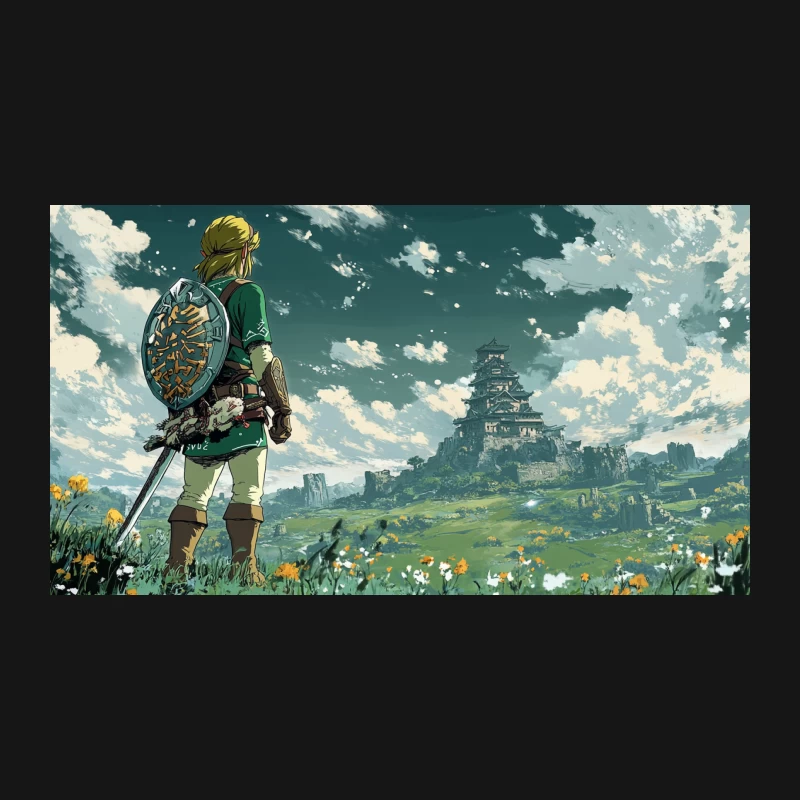 Zelda Hero Overlooking Fantasy Castle Landscape Desk Mat