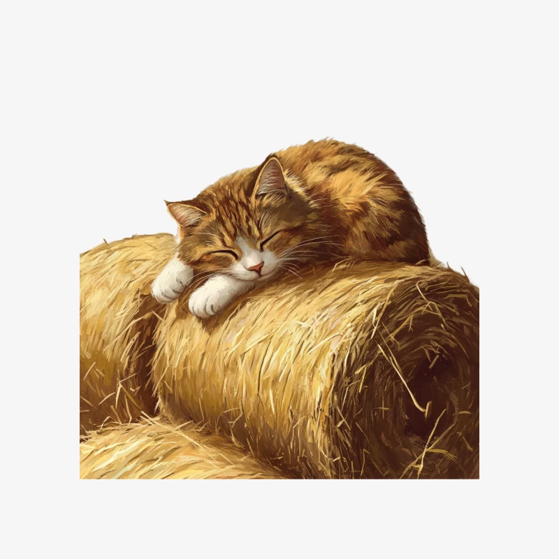 Sleepy Cat Resting on Golden Hay Bale Female Pullover Sweatshirt
