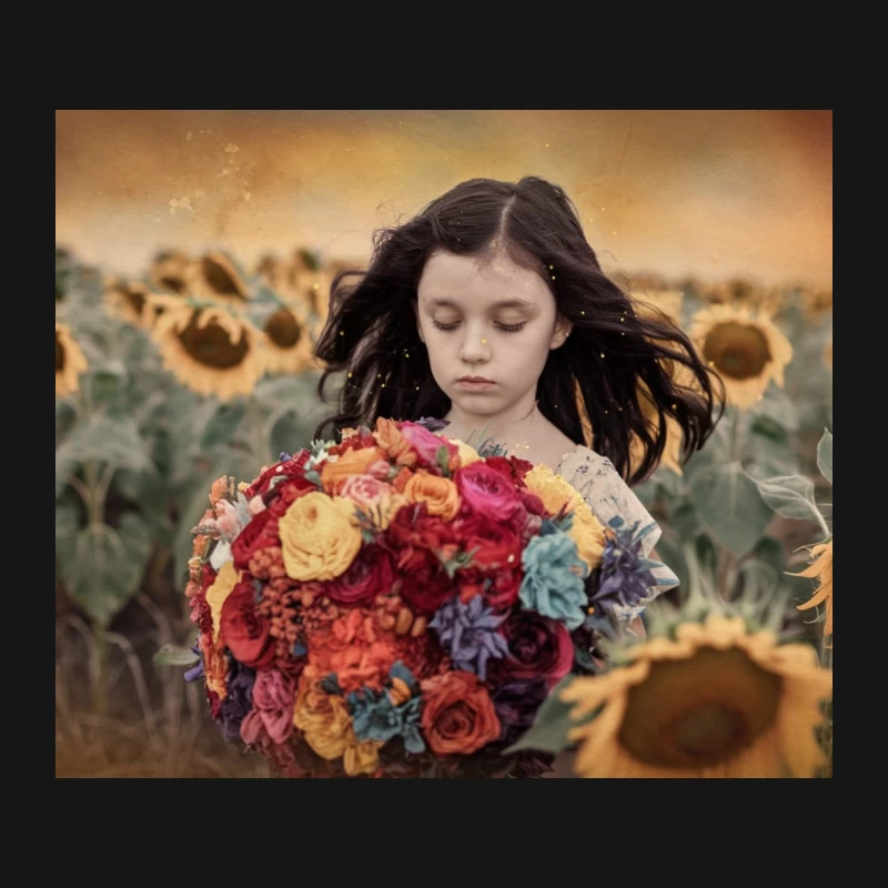 Dreamy Portrait of Girl with Colorful Bouquet in Sunflower Field Mouse Pad