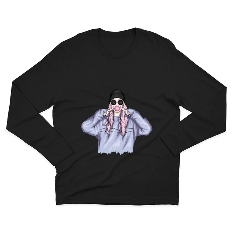 Playful Girl with Bubble Gum in Casual Outfit Male Long Sleeve T-Shirt