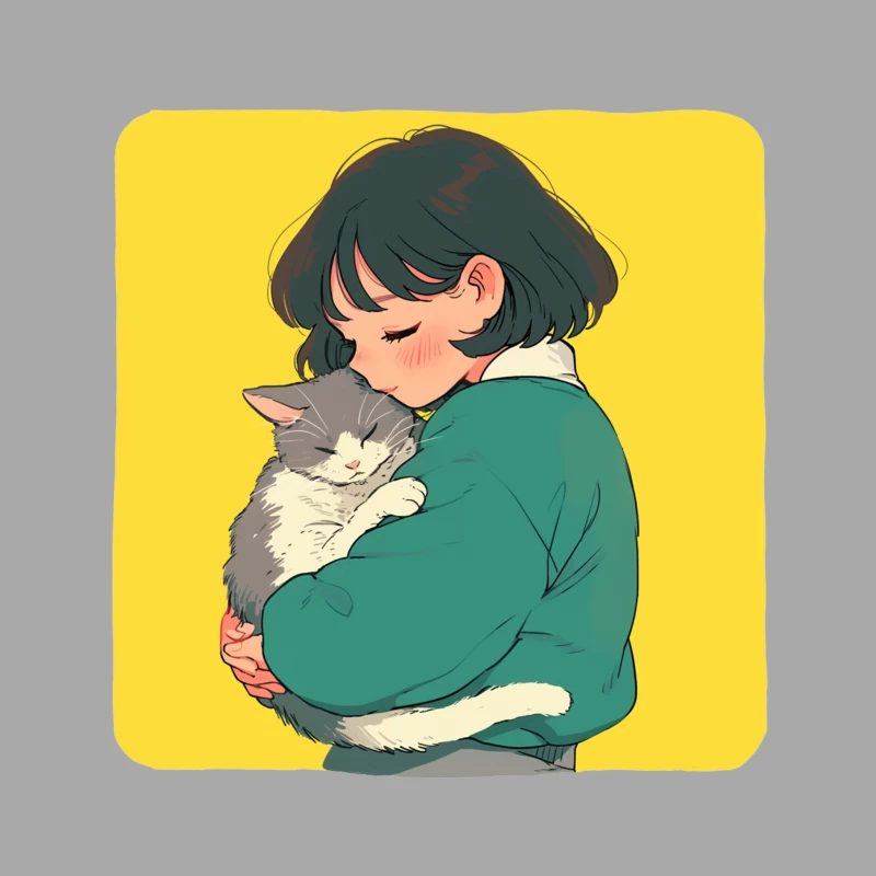 Gentle Embrace: Girl in Green Cuddling Gray Cat Male Pullover Hoodie