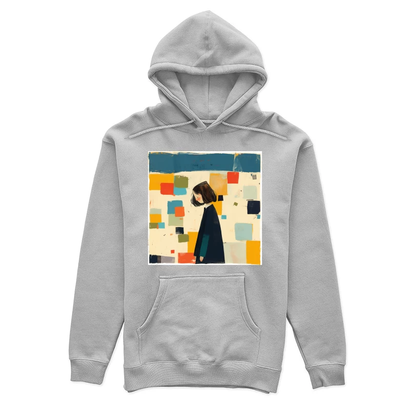 Minimalist Illustration of Figure in Black Coat Against Colorful Abstract Squares Female Pullover Hoodie