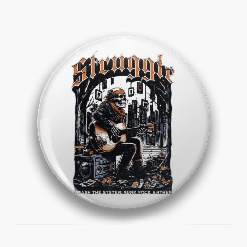 Punk Rock Skeleton Guitarist in Urban Grunge Scene Pin