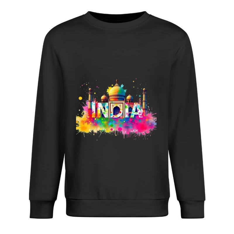 Vibrant Watercolor India Typography with Taj Mahal Silhouette Male Pullover Sweatshirt