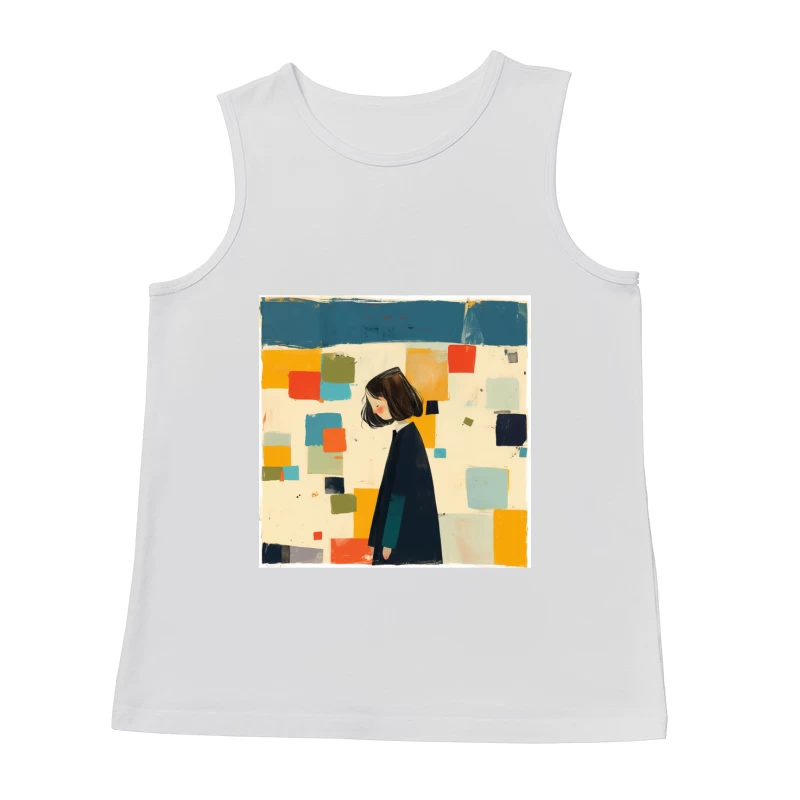 Minimalist Illustration of Figure in Black Coat Against Colorful Abstract Squares Male Tank Top