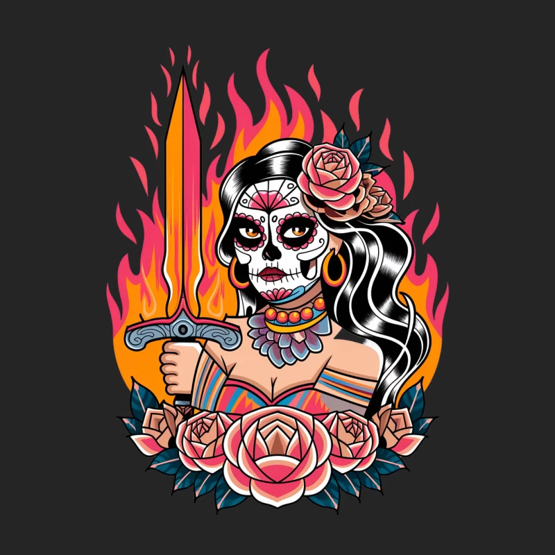 Traditional Mexican Sugar Skull Warrior with Roses and Flaming Sword Female Pullover Sweatshirt