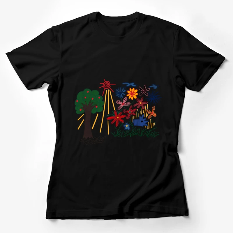 Bunte Blumen und Baum im Sonnenschein Damen T-Shirt