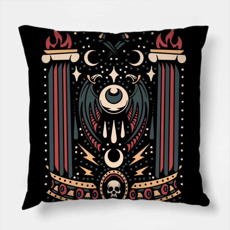 Gothic Decorative Illustration with Symbols Throw Pillow