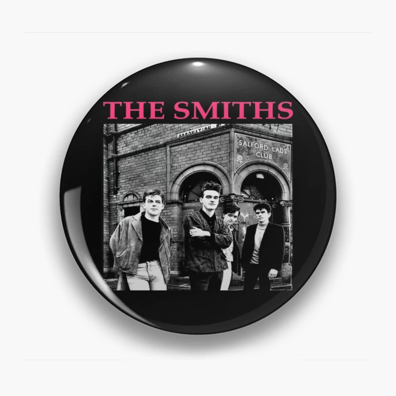 The Smiths Band Outside Historic Salford Lads Club - Iconic Black and White Photograph Pin