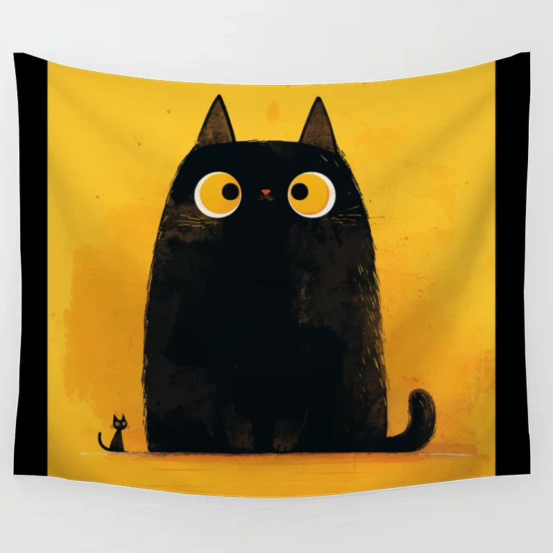 Adorable Black Cat with Big Yellow Eyes - Minimalist Illustration Tapestry