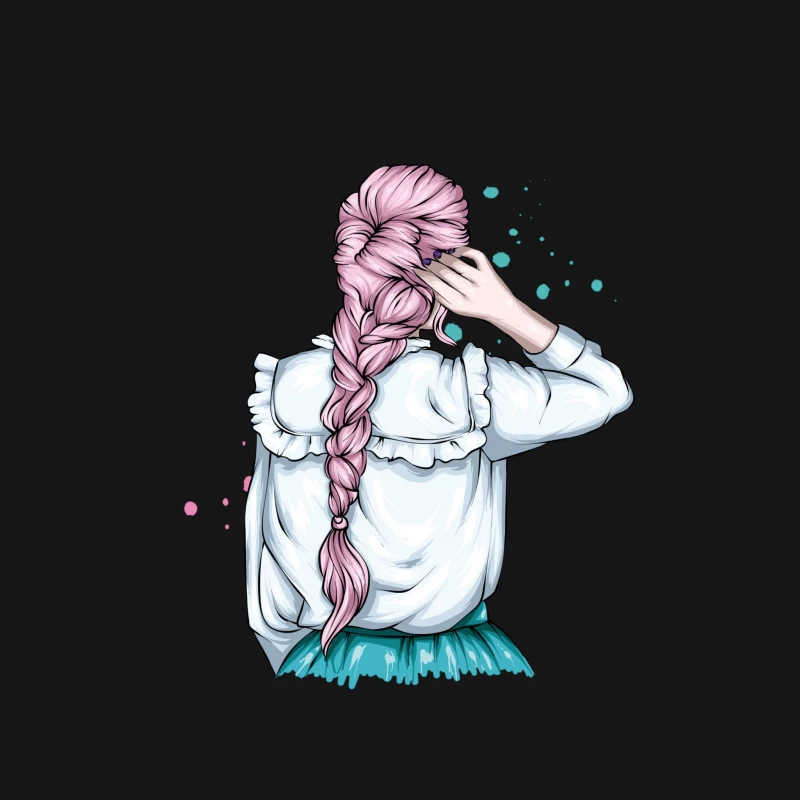 Whimsical Illustration of a Girl with Pink Hair in a Braid Female Long Sleeve T-Shirt