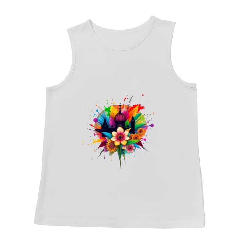 Vibrant Cathedral Silhouette with Rainbow Floral Splash Male Tank Top