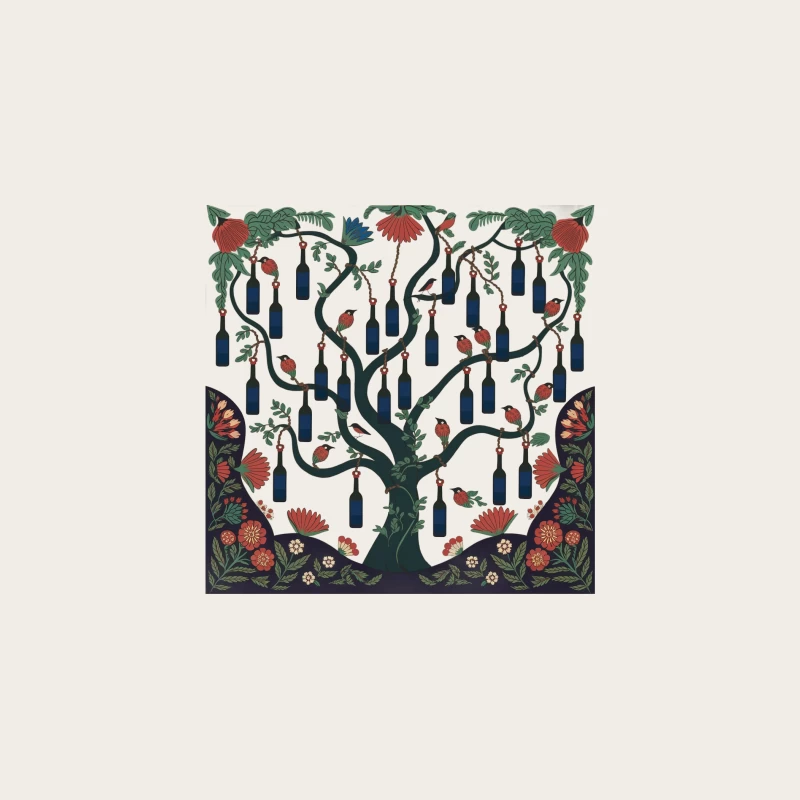 Whimsical Tree of Life with Wine Bottles and Floral Folk Art Design Bucket Hat