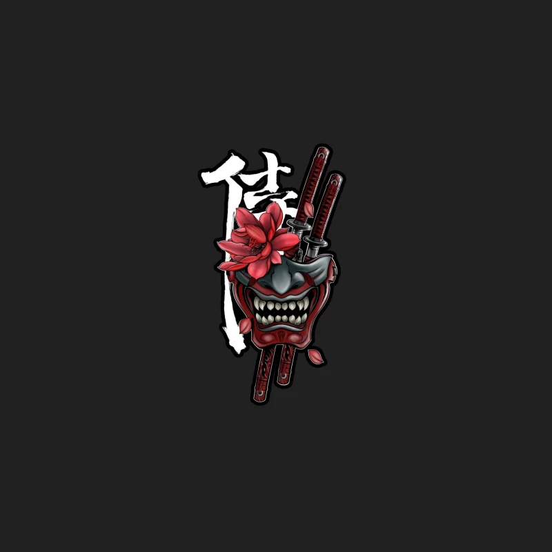 Samurai Mask Art with Katana and Flower Bucket Hat