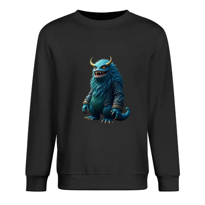 Furry Blue Monster in Denim Jacket with Golden Horns Male Pullover Sweatshirt