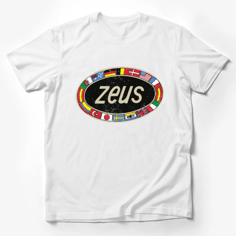 Zeus International Vintage Logo with National Flags Border Male T-Shirt