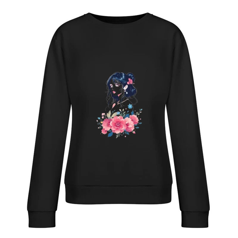 Elegant Anime Portrait with Pink Floral Arrangement Female Pullover Sweatshirt