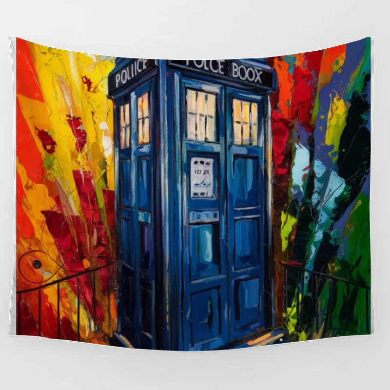 Vibrant TARDIS: Doctor Who's Time Machine in Abstract Art Tapestry