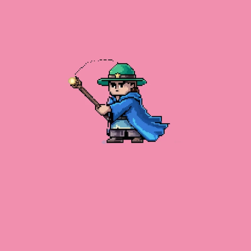 Pixel Art Wizard with Blue Cape and Magic Staff Female T-Shirt