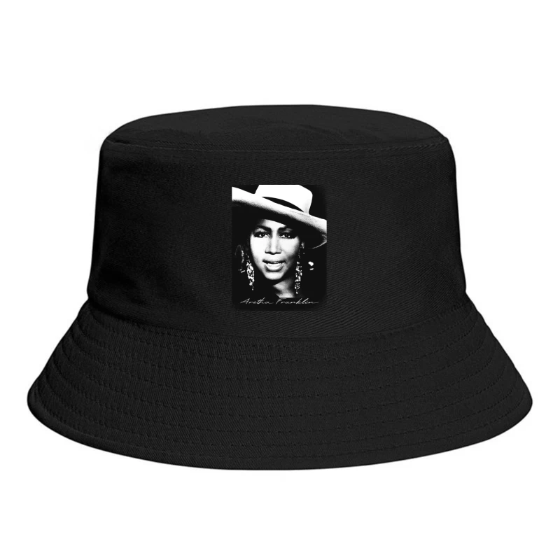 Classic Black and White Portrait with White Hat and Statement Jewelry Bucket Hat