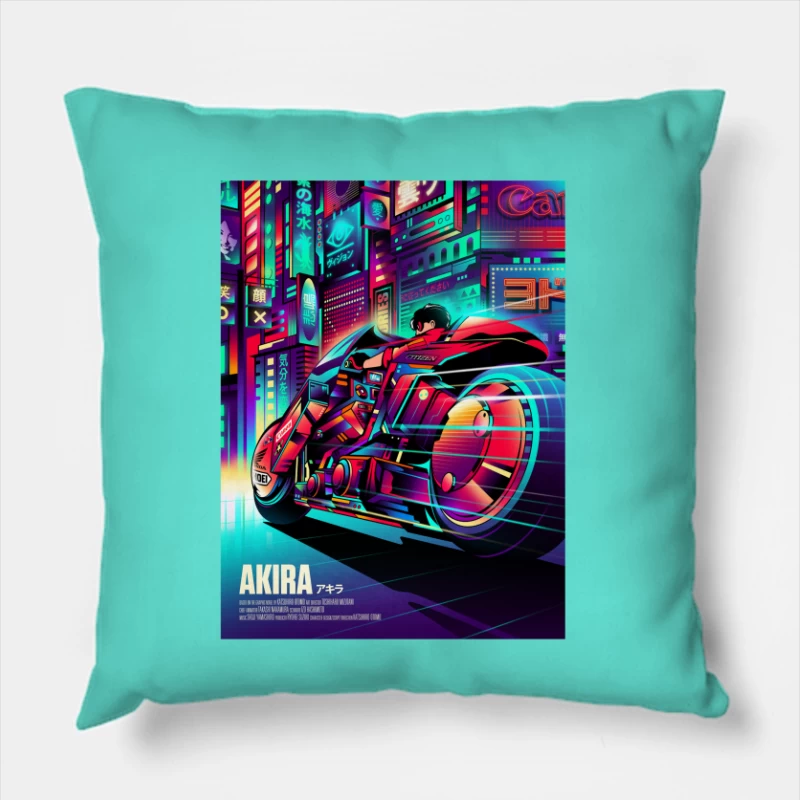 Cyberpunk Akira Motorcycle in Neon City Throw Pillow