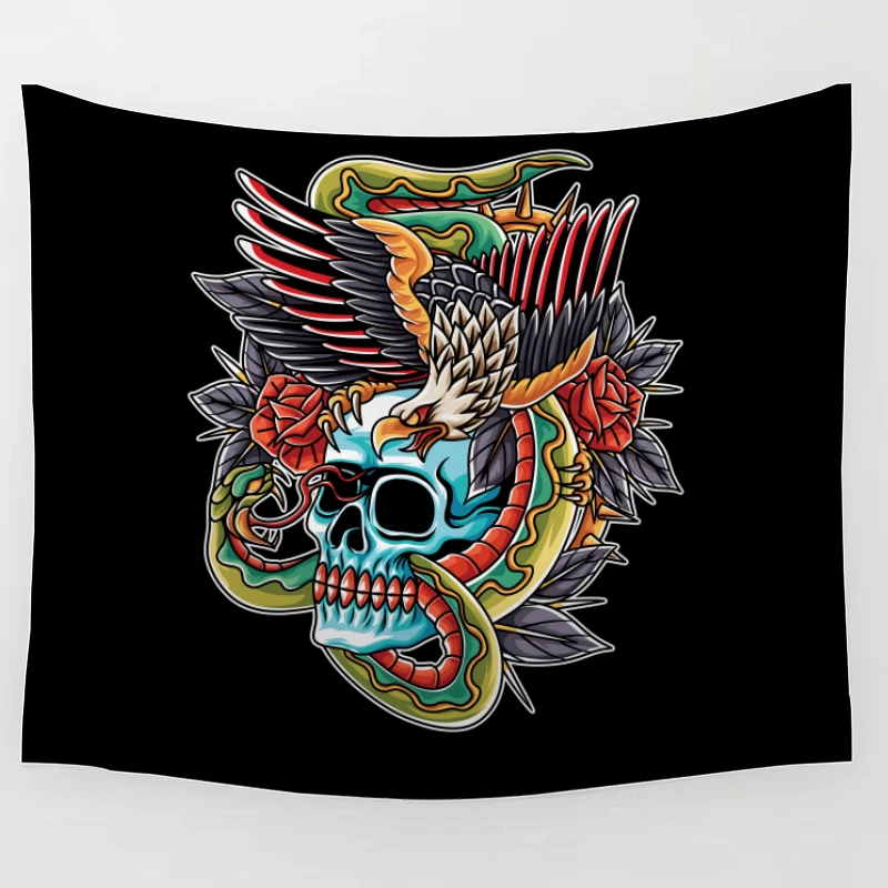 Colorful Tattoo Design Featuring a Skull, Eagle, and Snake Tapestry