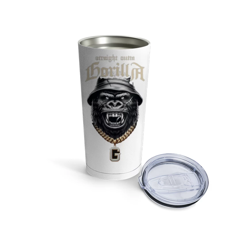 Aggressive Gorilla in Bucket Hat with Gold Chain Street Art Design Travel Mug