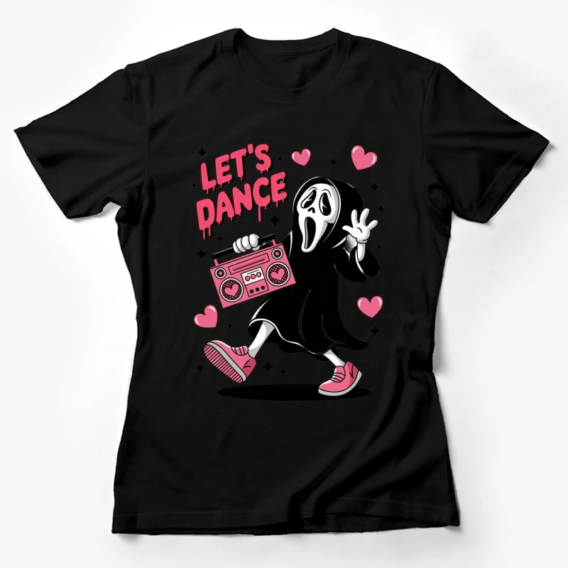 Cute Dancing Ghost with Pink Boombox and Hearts Female T-Shirt