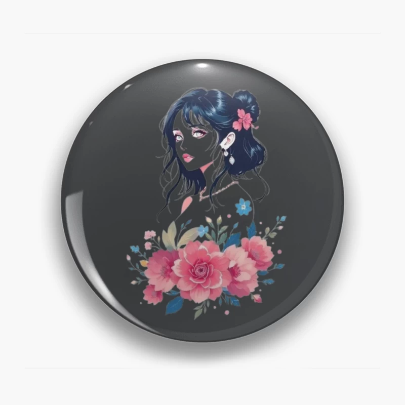 Elegant Anime Portrait with Pink Floral Arrangement Pin