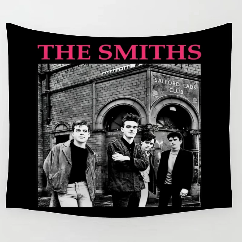 The Smiths Band Outside Historic Salford Lads Club - Iconic Black and White Photograph Tapestry