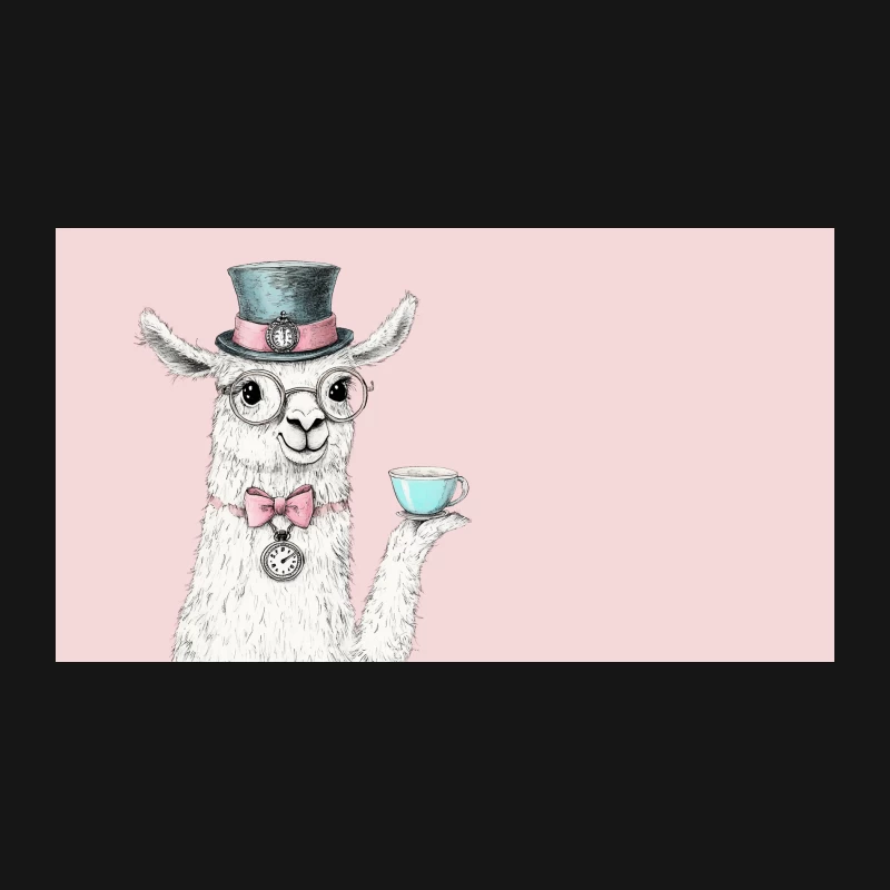 Whimsical Illustrated Llama in Top Hat and Glasses Holding Teacup Desk Mat