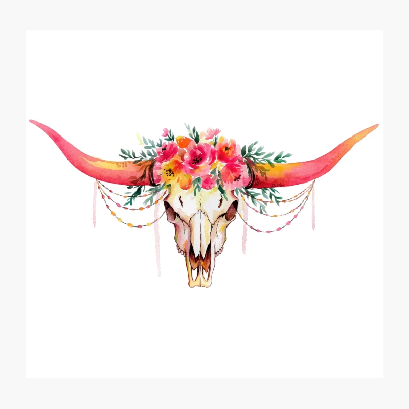 Bohemian Watercolor Bull Skull with Floral Crown Throw Pillow