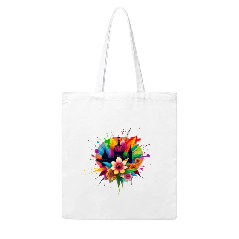 Vibrant Cathedral Silhouette with Rainbow Floral Splash Cotton Tote Bag