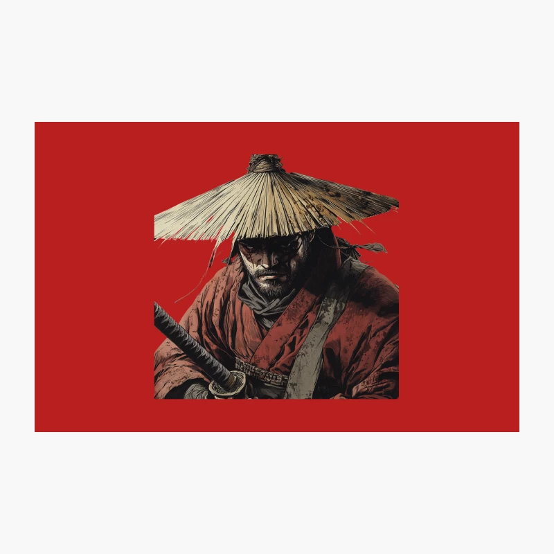 Illustrated Samurai Warrior with Straw Hat and Sword Travel Mug