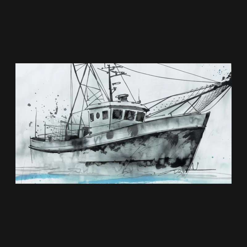 Watercolor Illustration of a Nautical Fishing Boat Seascape Desk Mat