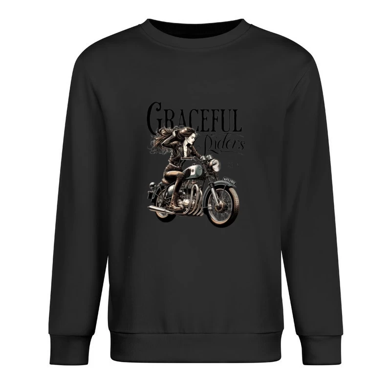 Graceful Riders: Vintage Motorcycle Art with Female Motorcyclist Male Pullover Sweatshirt