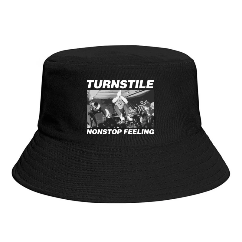 Energetic Hardcore Punk Band Live Performance in Black and White Bucket Hat