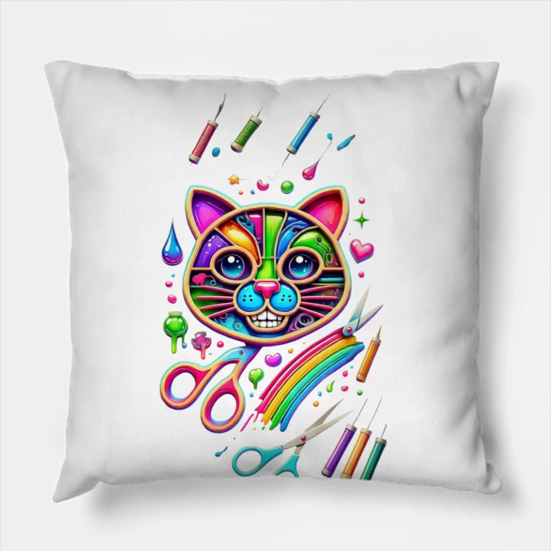 Rainbow Pop Art Cat with Creative Art Supplies Throw Pillow