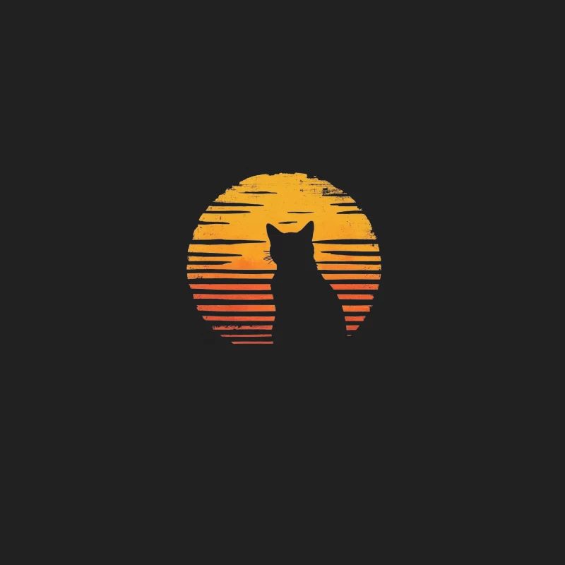 Minimalist Cat Silhouette Against Striped Sunset Circle Bucket Hat