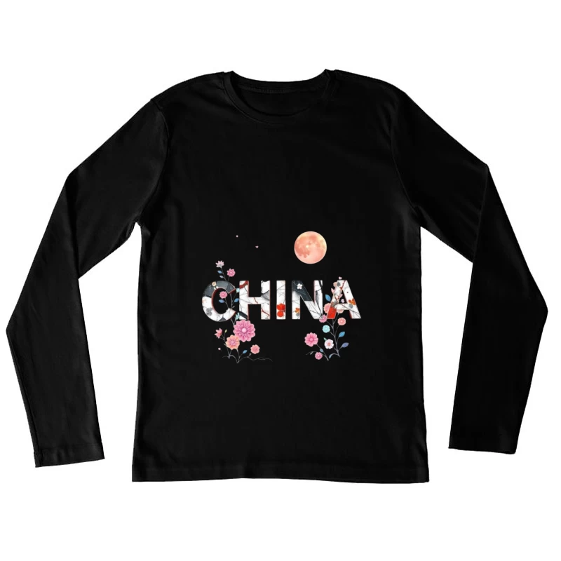 Floral Chinese Typography with Pink Moon and Cherry Blossoms Female Long Sleeve T-Shirt