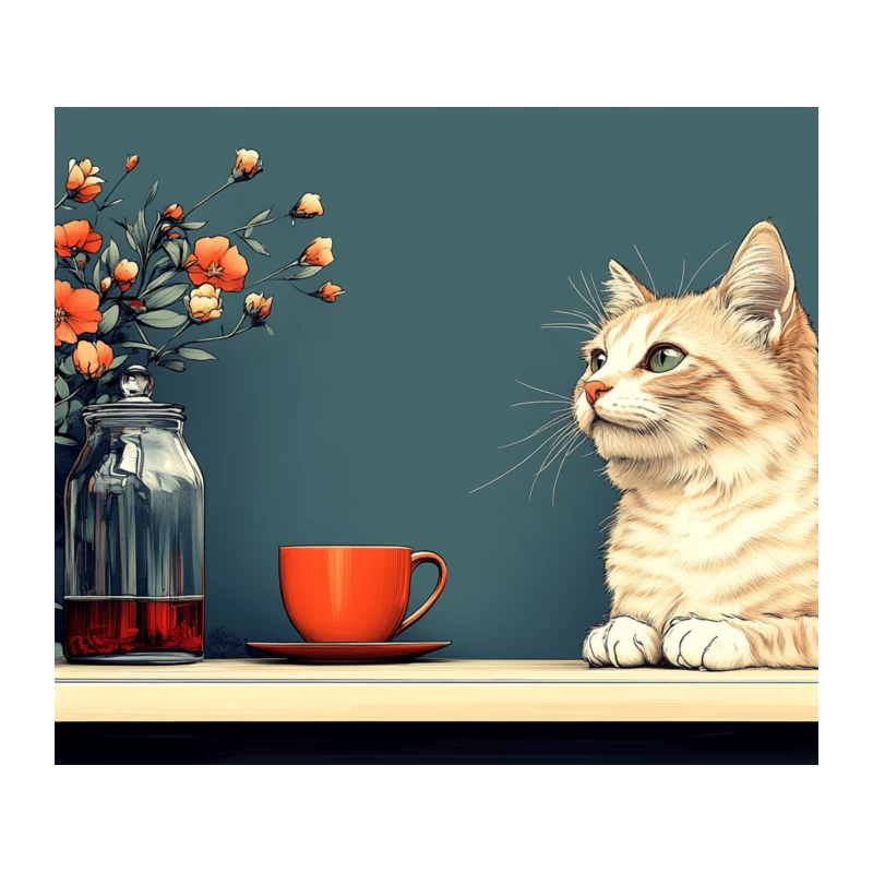 Vintage Aesthetic: Cat and Flowers Still Life with Teacup Tapestry