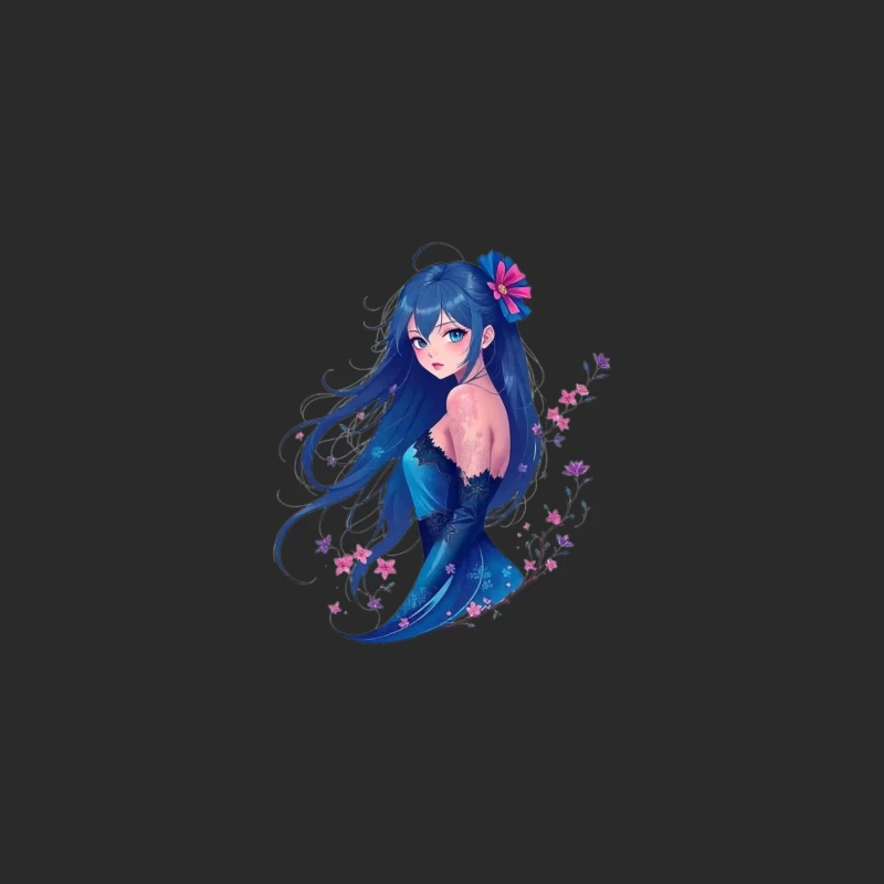 Elegant Anime Girl with Blue Hair and Floral Accents in Evening Dress Baseball Cap