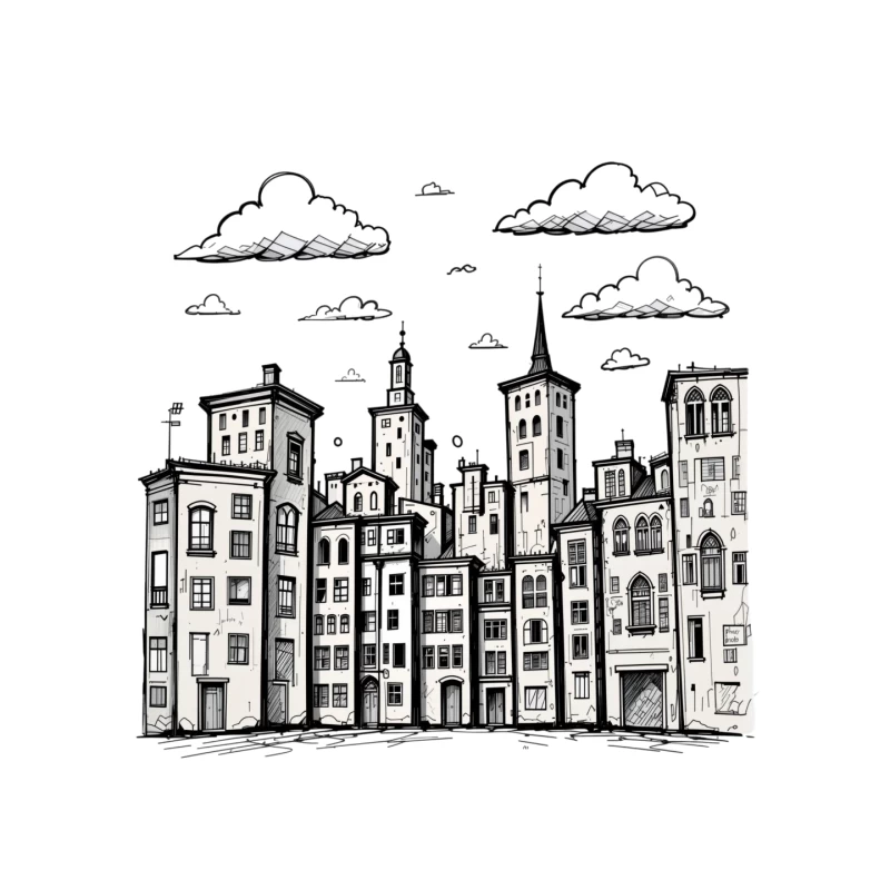 Stylized Black and White Cityscape Illustration Mouse Pad