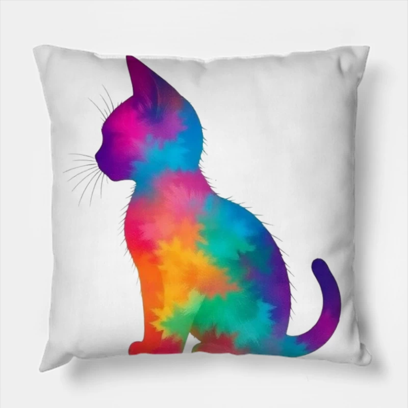 Rainbow Tie-Dye Cat Silhouette Art Throw Pillow