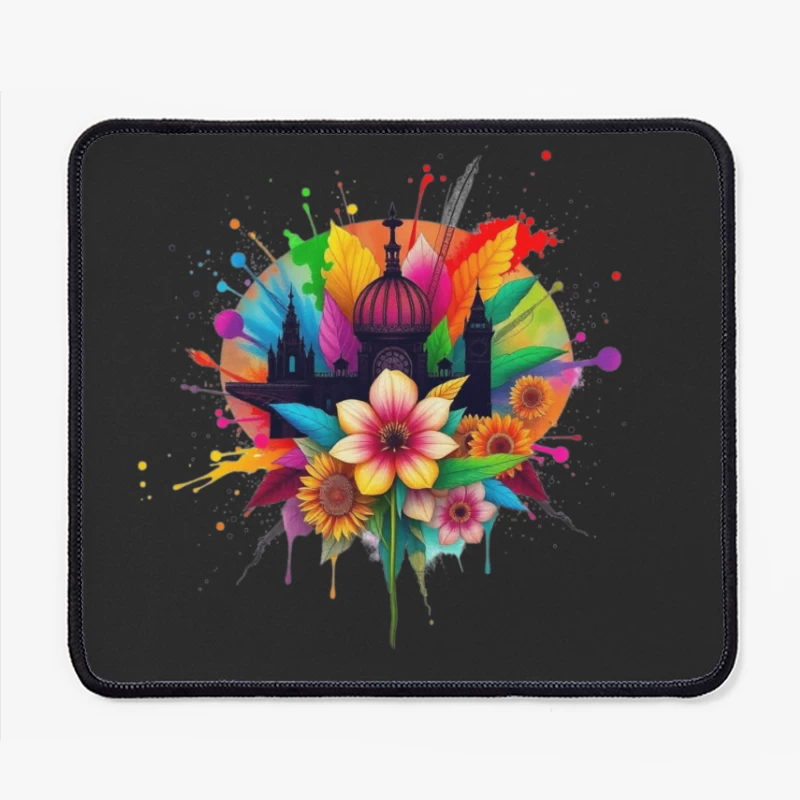 Vibrant Cathedral Silhouette with Rainbow Floral Splash Mouse Pad