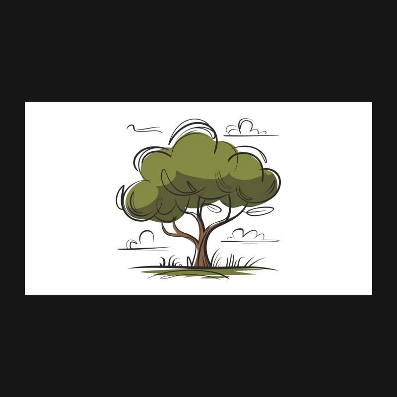 Cartoon Green Tree Sketch with Clouds Desk Mat