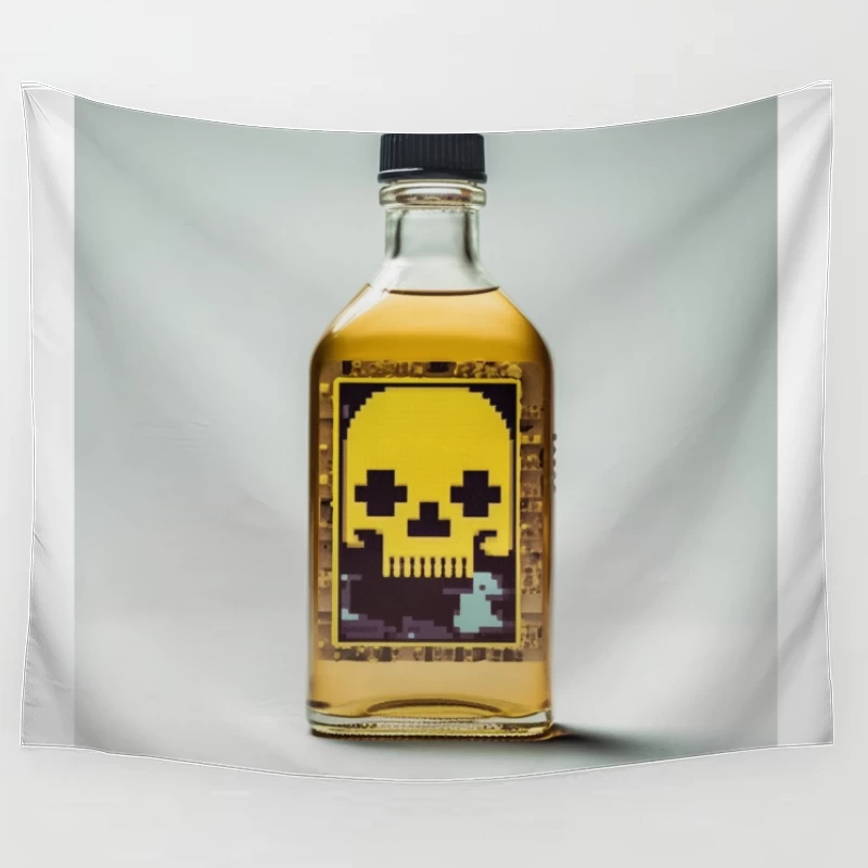 Pixel Art Skull Liquor Bottle with Retro Gaming Design Tapestry