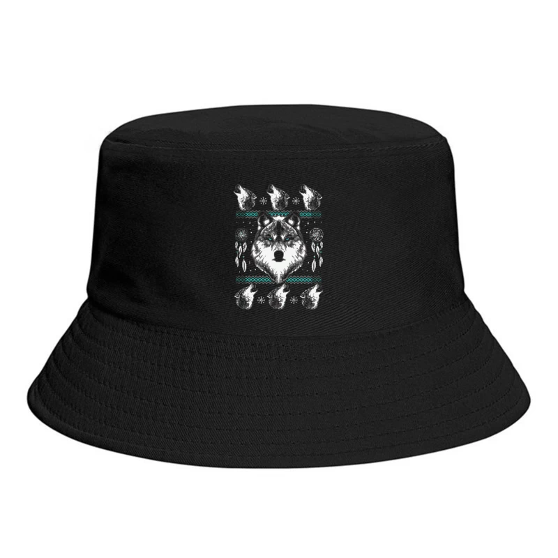 Tribal Wolf Illustration with Native American Symbols Bucket Hat