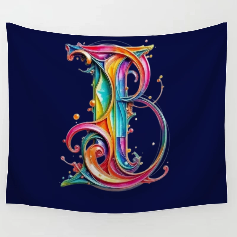 Ornate Rainbow Watercolor Letter B Typography Art Tapestry