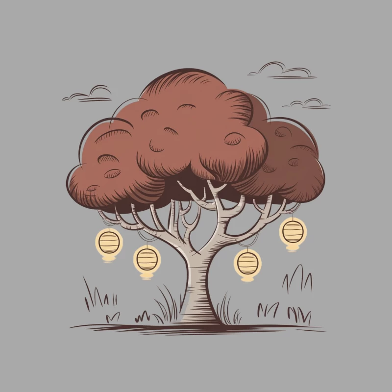 Stylized Tree with Hanging Lanterns Illustration Male Pullover Hoodie